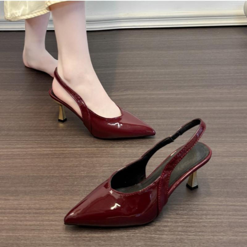 Fashion Women 7cm High Heels Retro Streetwear  Sandles Lady Daily Work Slingback Strap Elastic Mid Heels Glossy Leather Sandals