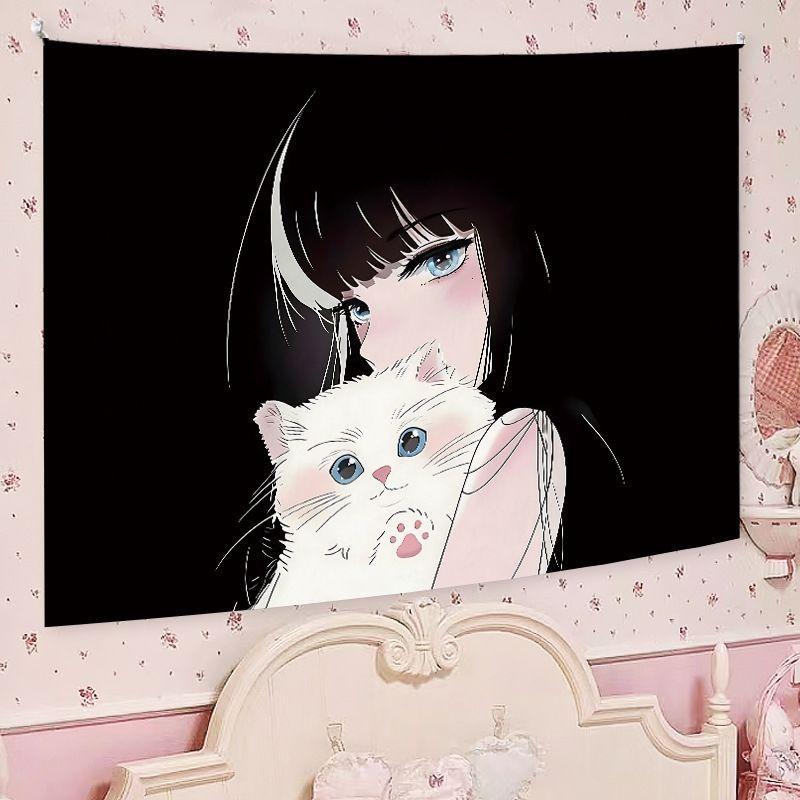 Cute Japanese Anime Girl Tapestry, Cartoon Aesthetic Wall Hanging, Kawaii Decor for Bedroom Dormitory Home Decoration
