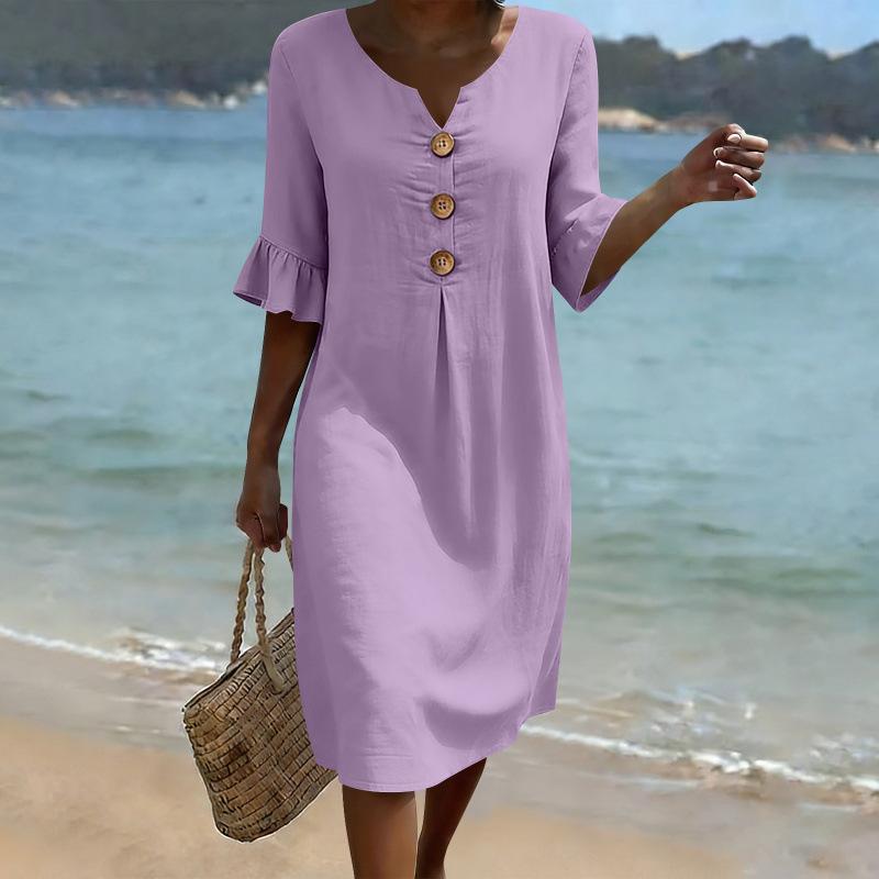 Robe décontractée d'été unie à boutons et manches courtes pour femmes