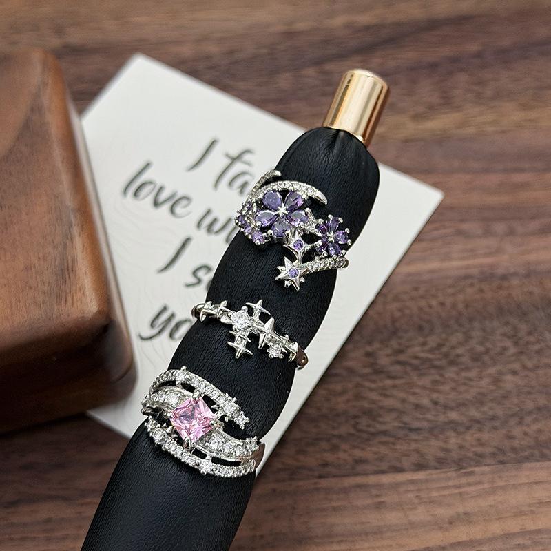 Pink Diamond Zircon Purple Flower Star Opening Ring, Diamond-Set Light Luxury Niche Design, High-End Sense Stacking, Wearing Personalized Rings, Women