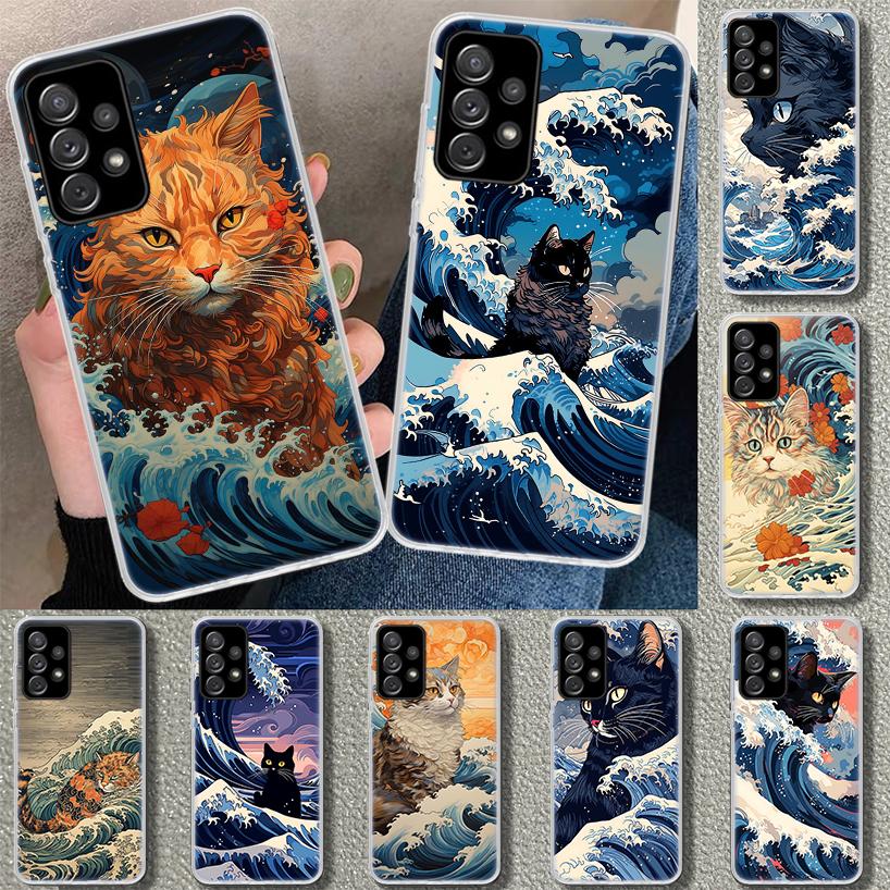 Anime Cat Sea Wave Aesthetic Phone Case for Samsung Galaxy A17 A16 A26 A36 A56 A57 A37 A15 A25 A35 A55 A14 A24 A34 A54 A13 A23 A