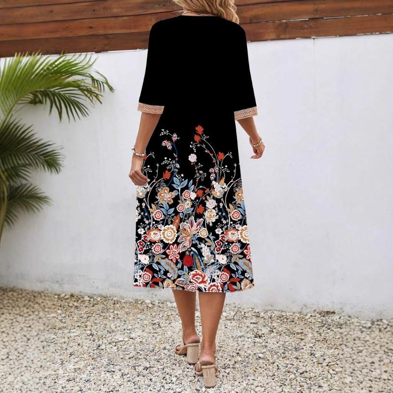 Women's Spring/summer Printed Short-sleeve Dress Lace V-neck Loose Swing Short-sleeve Mid-length Dress