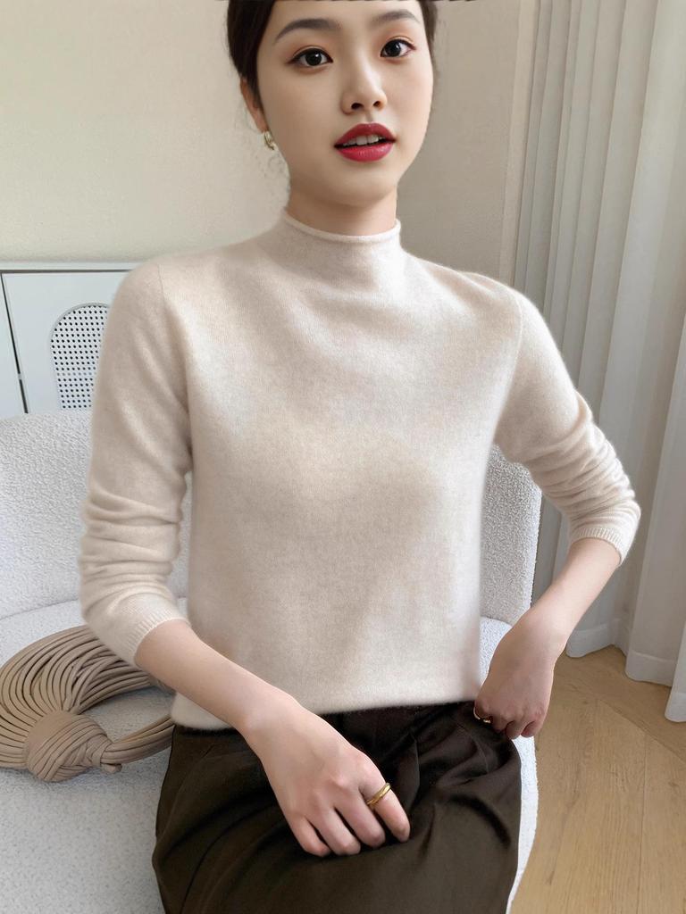 Light & Soft Textured Women's Baby Cashmere Sweater: 10 Colors, 7 Stitches, Rolled Collar, Thickened Knit, Fluffy & Cozy Base Layer