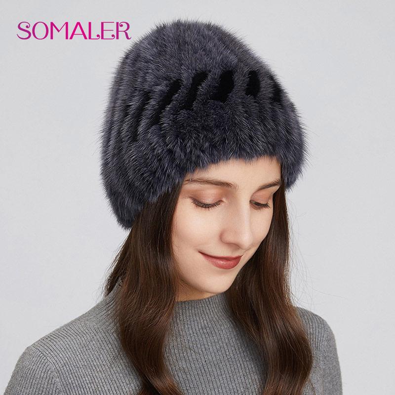 

SOMALER зимние шапки из натурального норкового меха для женщин, вязаные меховые шапки в полоску, красочная шапка-бини с черепом и шерстяной подкладкой