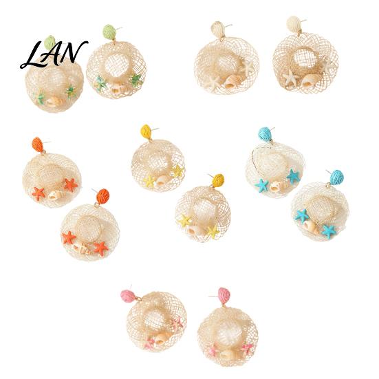 Photogenic Colorful Earrings 1 Pair Raffia Statement for Women, Woven Straw Hat Dangle Drop Earrings, Boho Shell Starfish Rattan Bohemian Summer Beach