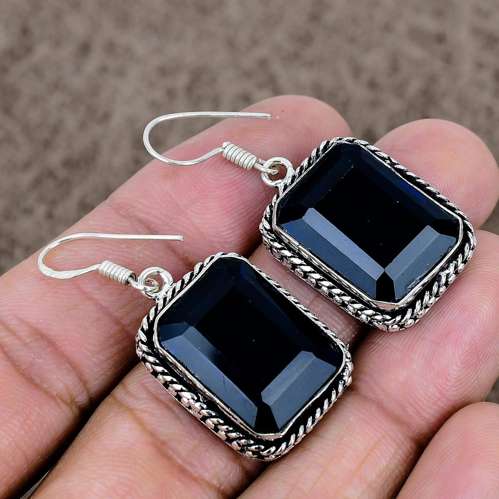Black Spinel Gemstone Handmade 925 Sterling Silver Jewelry Earring 1.77" KKG-995