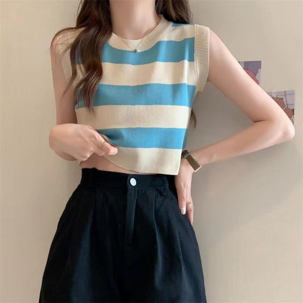 Sleeveless Contrasting Striped Knit Vest Knitted Sleeveless Waistcoat Knitted Waistcoat  Women