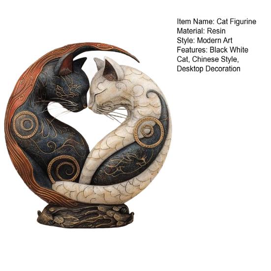 Black White Cat Figurine Chinese Style Cat Yin Yang Art Resin Statue Sculpture Home Office Desktop Decoration Ornament