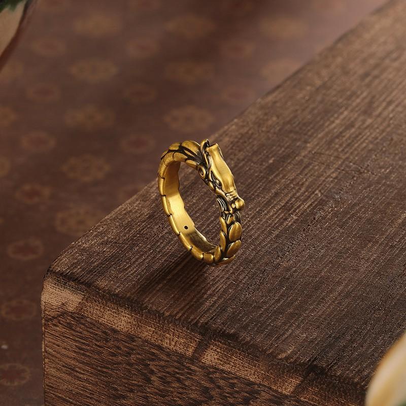 Adjustable Open Ring Men Women Vintage Bronze Gold Plated Dragon Motif Geometric Statement