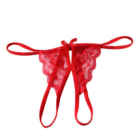 Women T-back Low Waist Open Crotch Hollow Out See-through Lace Seductive Solid Color One Size Lady Thong for Valentine's Day