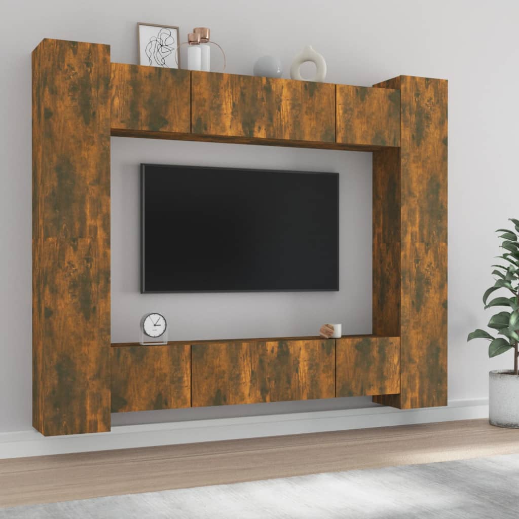 8 pc TV Cabinet Set Smoked Oak Particleboard