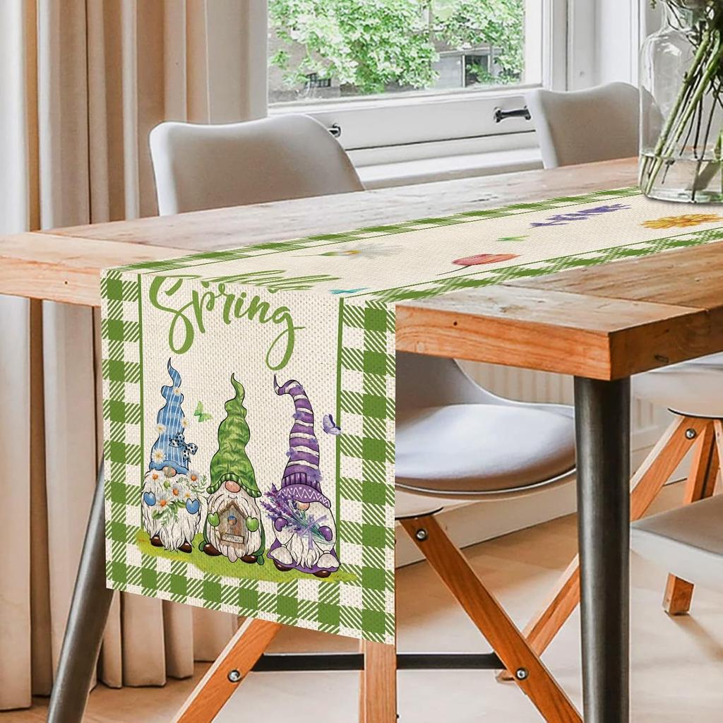 Hello Spring Gnomes Green Buffalo Plaid Table Runner 72 Inches Long, Gnome Decorations for Home, Burlap Spring Easter Floral Table Decor for Kitchen