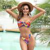 2Pcs/Set Women Bikini Set Bandeau Padded Wireless Bikini Bra High Waist Swimming Briefs Set Split Design Flower Print Swimsuit