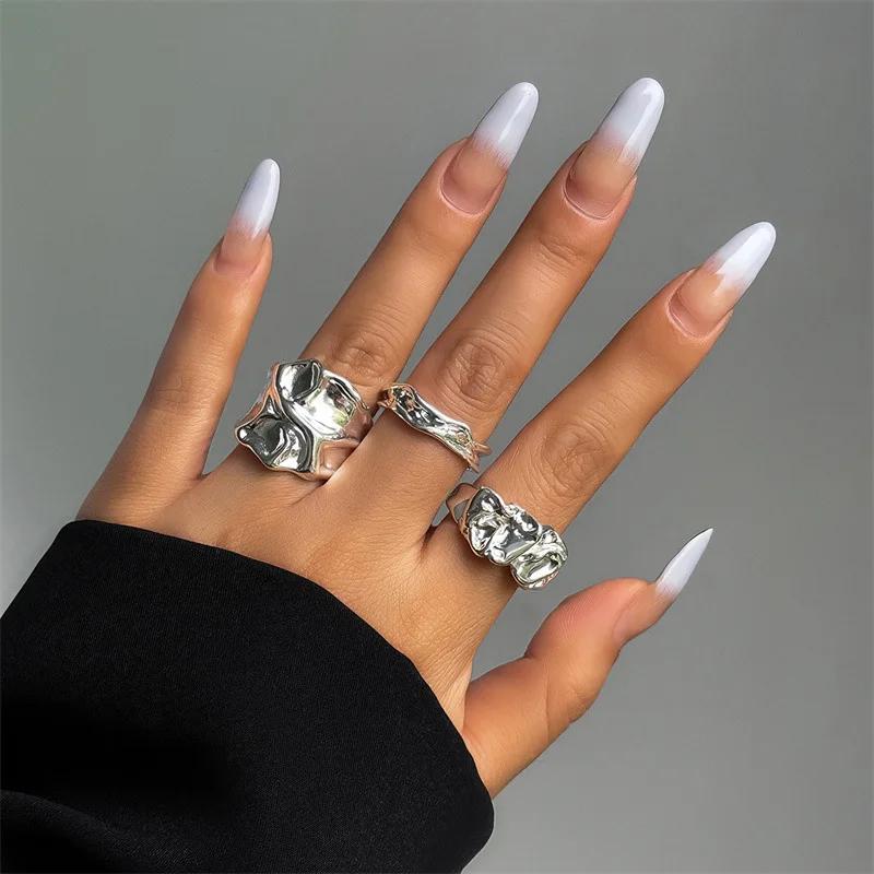 Punk Golden Liquid Rings Set For Women Irregular Wave Metal Knuckle Rings Aesthetic Egirl Gothic Jewelry Birthday Gifts