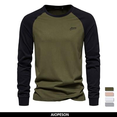 AIOPESON Herren-T-Shirts, 100 % Baumwolle, langärmelig, O-Ausschnitt, Pactwork, lässige T-Shirts für Herren, neue Frühlings-Designer-T-Shirts, Herrenbekleidung