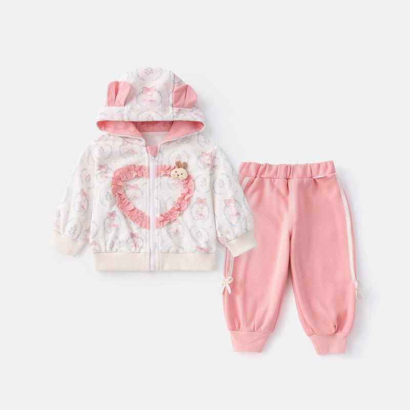 

Милый комплект куртки с капюшоном и ветрозащитных брюк для девочек - Сладкий мультяшный принт, Весна и Осень 2025 80 cm