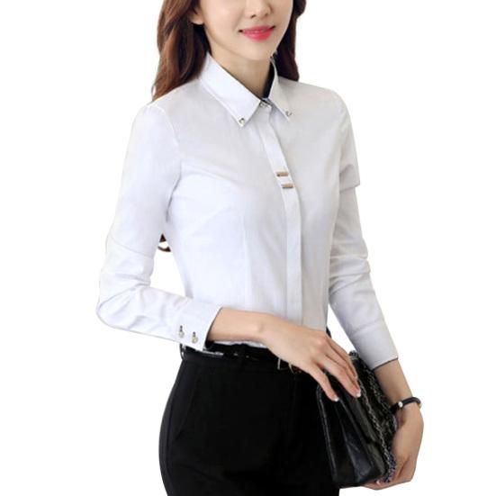 

Office Lady Turn Down Collar Long Sleeve Buttons Cuff Cotton Plus Size Shirt XXL белый