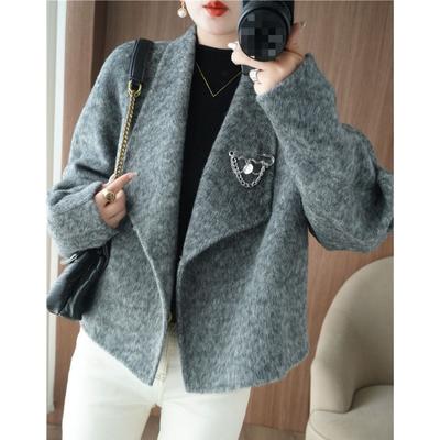 Cappotto di lana grigio chic per donna, giacca a maniche lunghe con colletto a revers corto