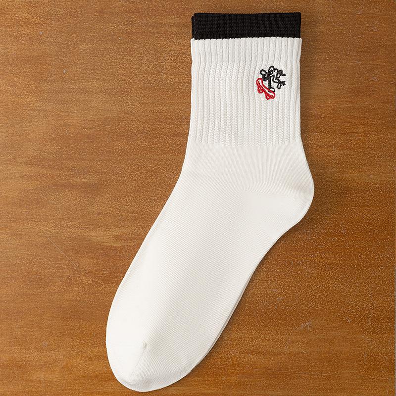 

Men s Spring and Autumn New Cartoon Embroidery Match Color Double Mouth Boneless Sport Tube Socks 1 pair белый