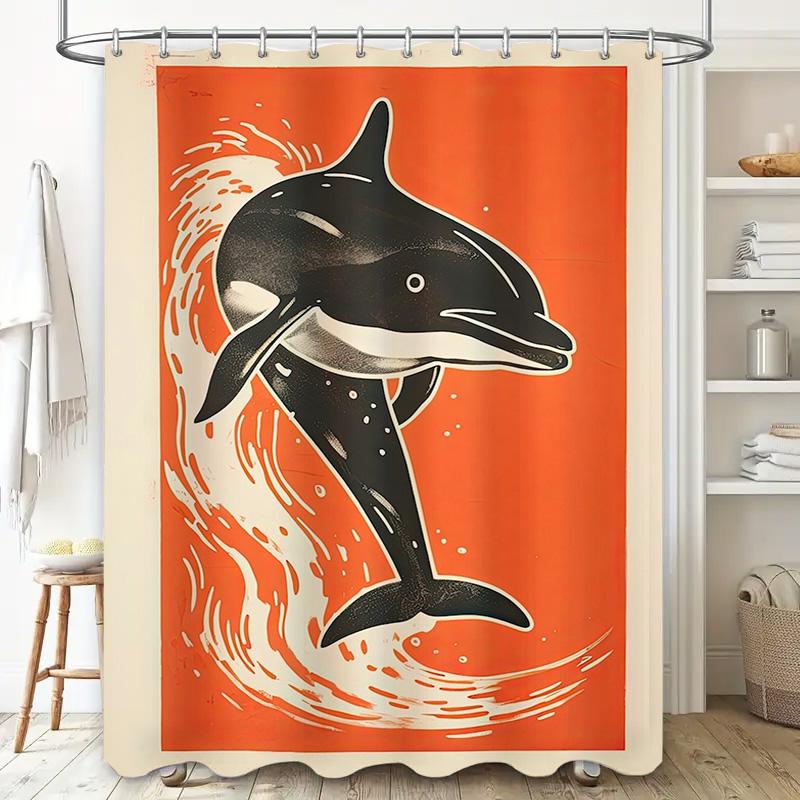 Stylish Dolphin-Themed Shower Curtain For Bathroom Decor High-Quality Fabric With Easy-To-Use Hooks.