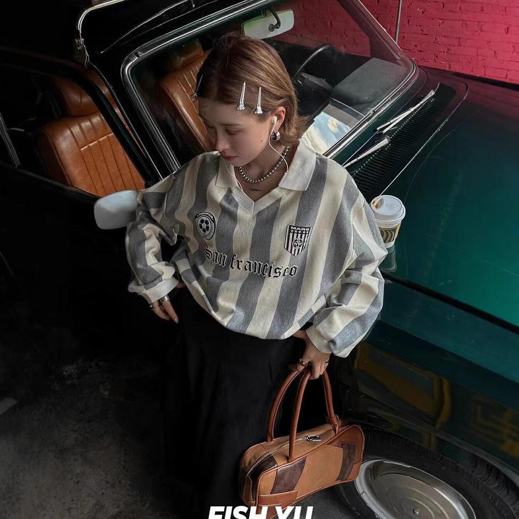 2025 Spring/Autumn Retro Jersey Vertical Stripe Letter Print Polo Collar Sweatshirt for Women