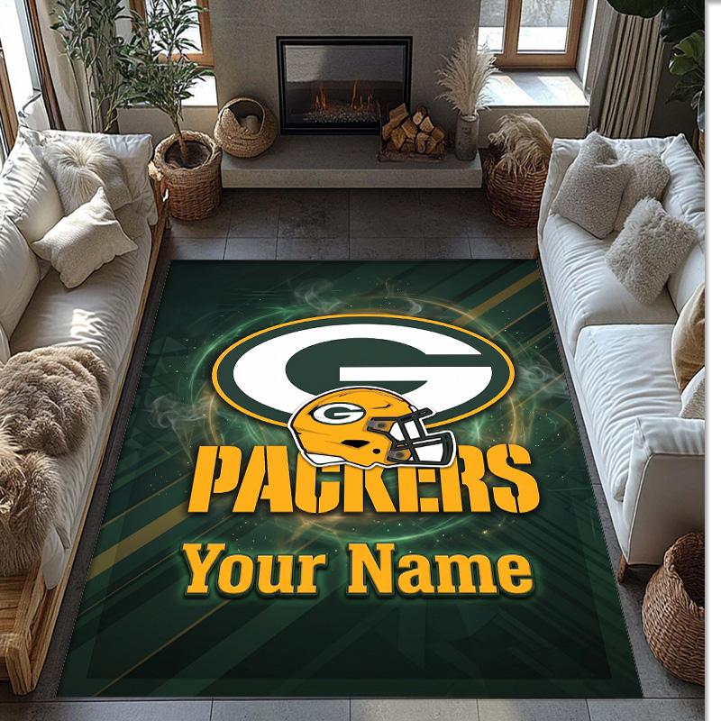 Green Bay Packers Crystal Velvet Rug, Custom Name Text Personalized Non‑Slip Floor Mat for Home Decor Gift