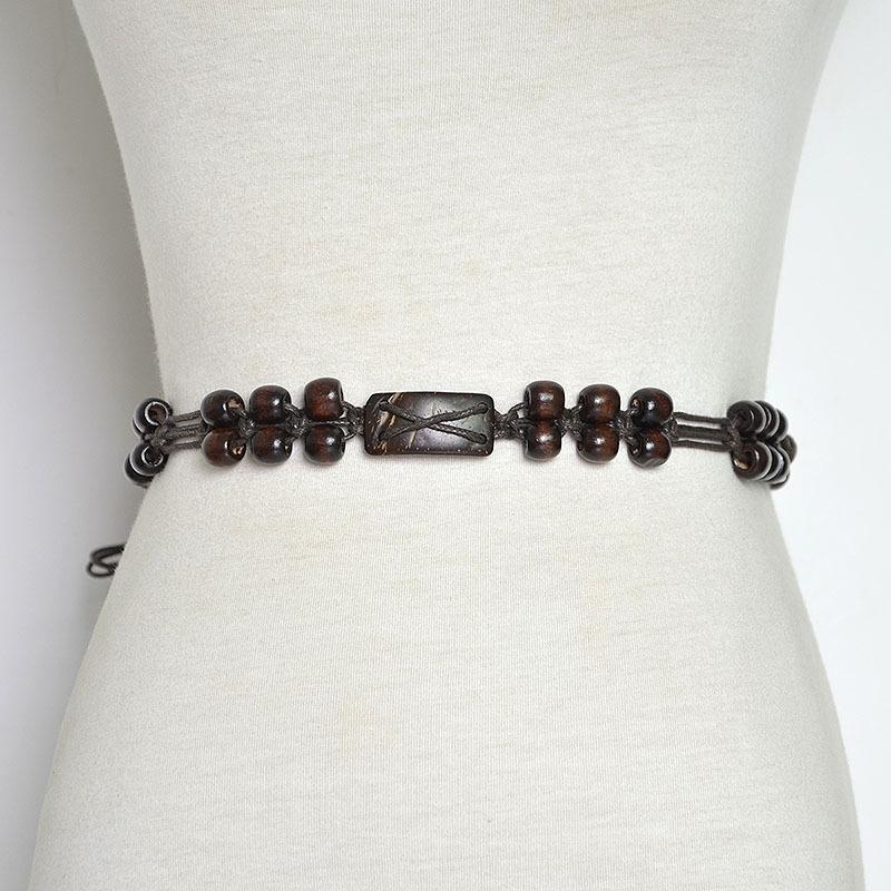 

Thin belt, retro pattern handmade wax rope, woven wooden beads and sequins, decorative women s waist chain