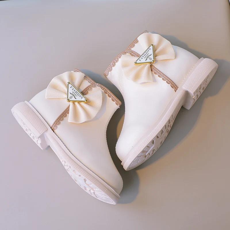 Kids Casual Boots for Girls Bow Lace Solid Color Sewing Cute 2024 Spring Autumn New Children Fashion Short Boots Princess Shoes