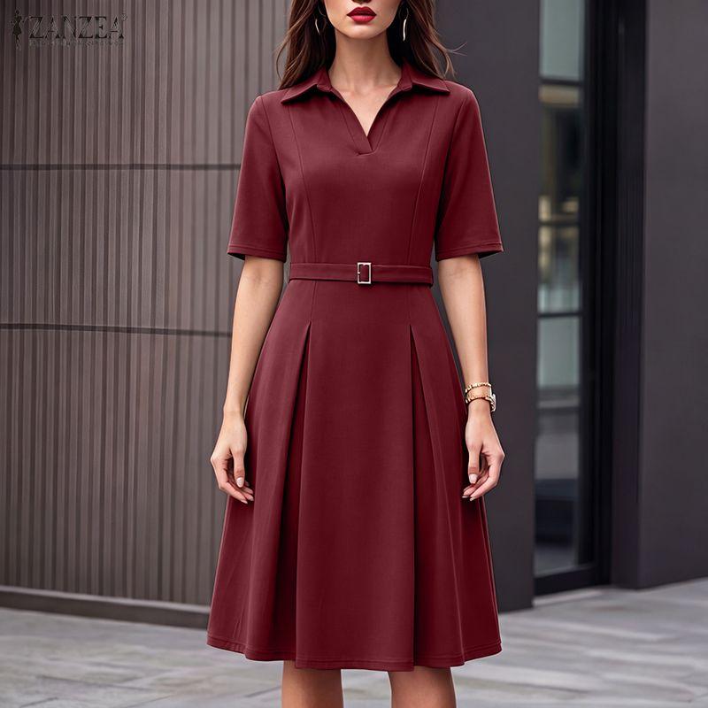 ZANZEA Women Casual Turn Down Collar Solid Color Half Sleeve Dress