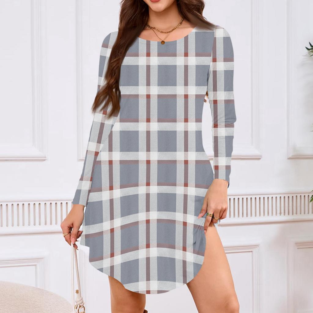 Women's Long-sleeved T-shirt Dress With Round Neck, Knee-length, Loose Fit, Casual And Pockets
