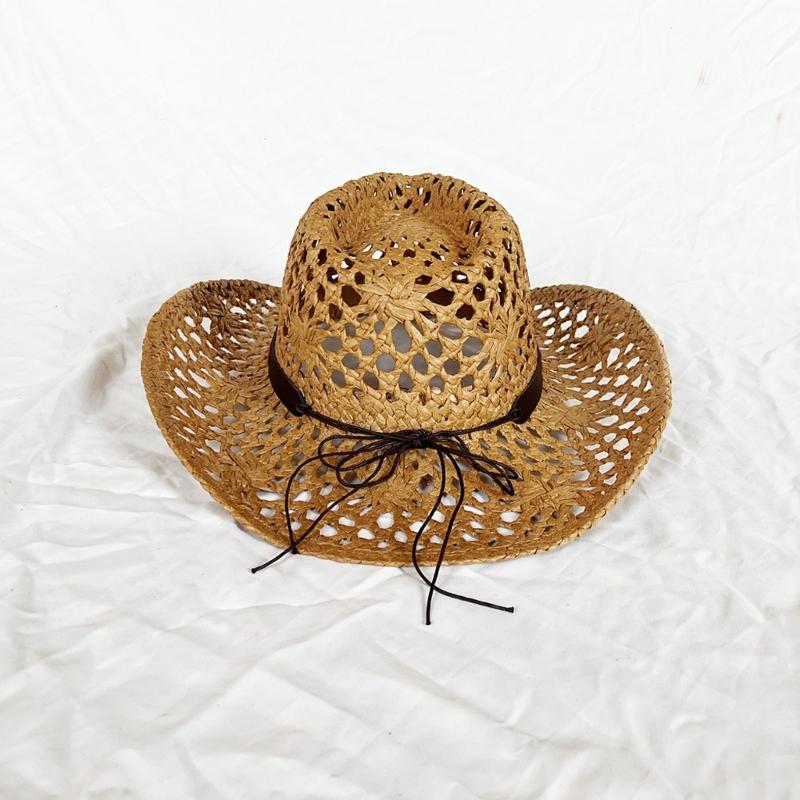 Ethnic Western Styles Natural Paper Straw Hat Sun Protection Rolled Brims Design For Beach Camping Outdoor Activities