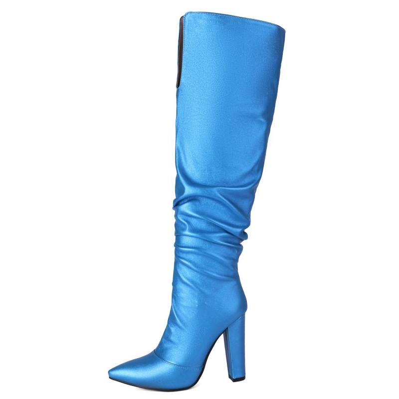 Western High Boots for Women 2024 Winter Knee High Boots Pointed Pink Blue Silver Heels Casual Long Shoes Female Large Size