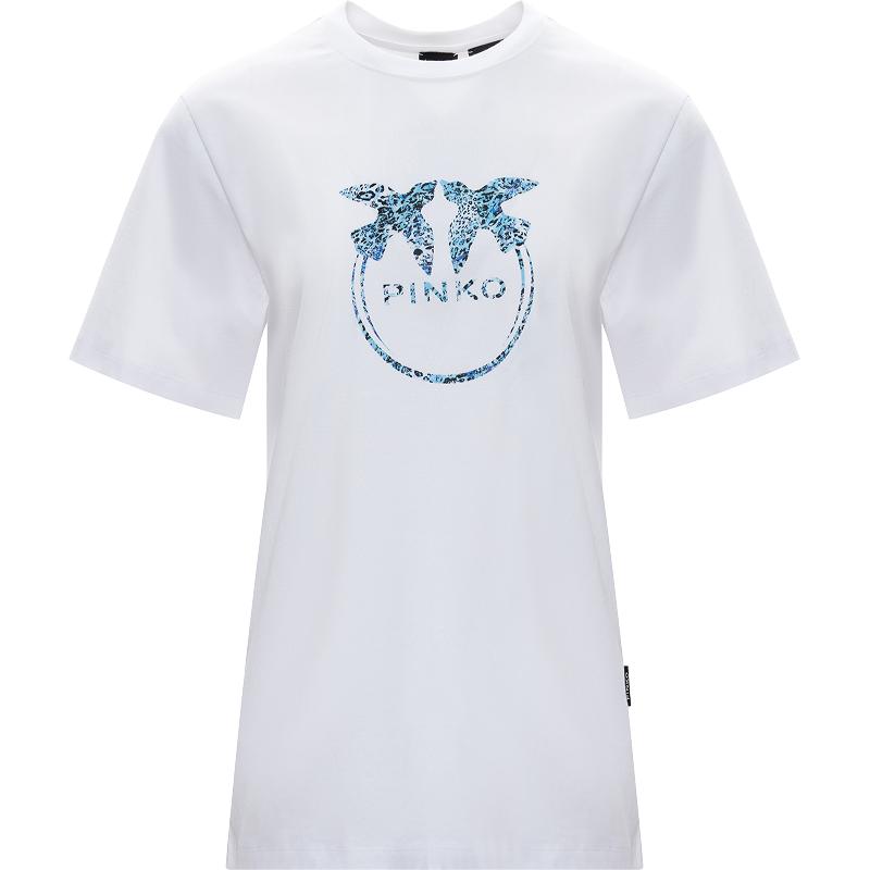 Pinko Classic White Short Sleeve T-Shirt With Blue Bird Print Women Tops PAF261218191