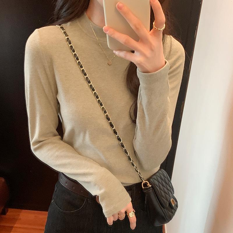 Women's White Cashmere Slim-Fit Long-Sleeve T-Shirt with Stand-Up Collar - Autumn/Winter Velvet-Brushed Solid Color Top