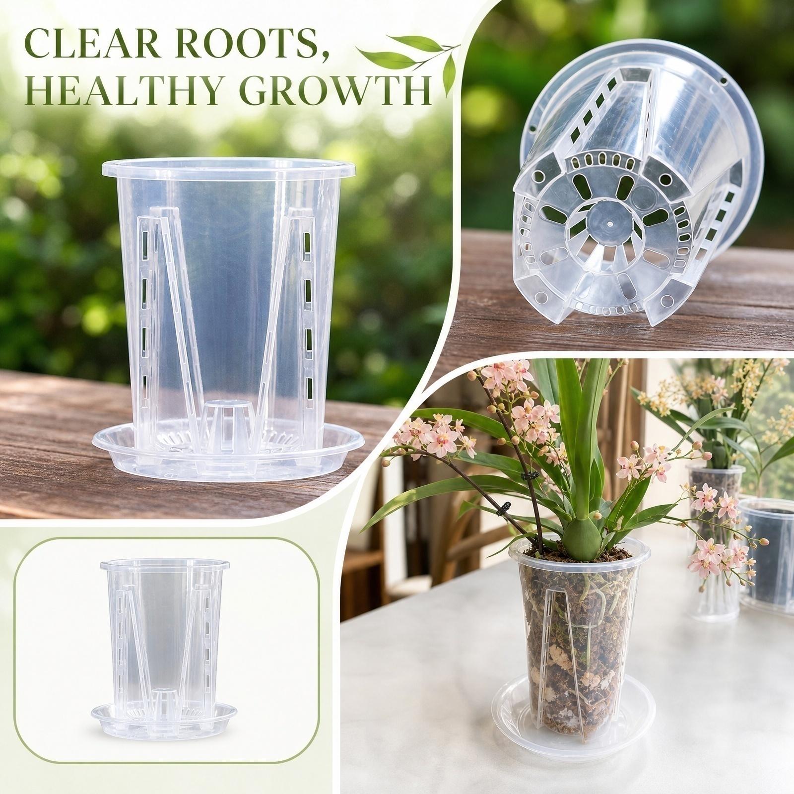 Transparent Plastic Orchid Pot with Drainage Holes and Saucer Root Control Pot for Moss Plants Visible Root System Breathable Pot 16cm Diameter one size