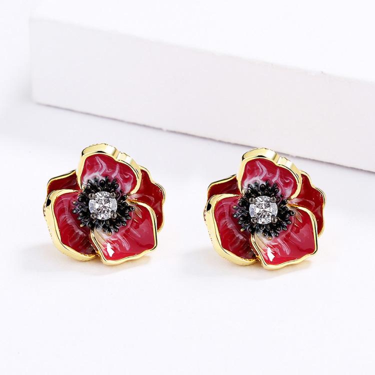 

Exquisite Enamel Flower Stud Earrings Women S Red Rose Gold Earrings Flower Earrings