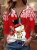 Women's Fashion Trend Festive Christmas Snowman Blockbuster Snowflake Pattern Zip T-Shirt Shirt