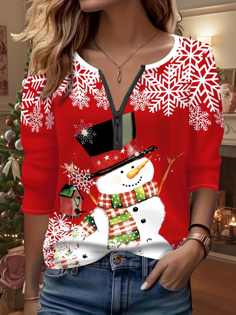 Women's Fashion Trend Festive Christmas Snowman Blockbuster Snowflake Pattern Zip T-Shirt Shirt