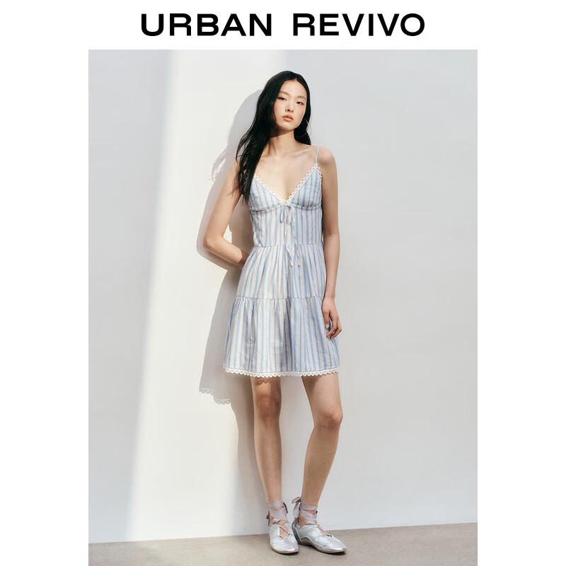 

UR 2025 Весеннее женское платье-комбинация с V-образным вырезом, кружевными вставками и полосками L