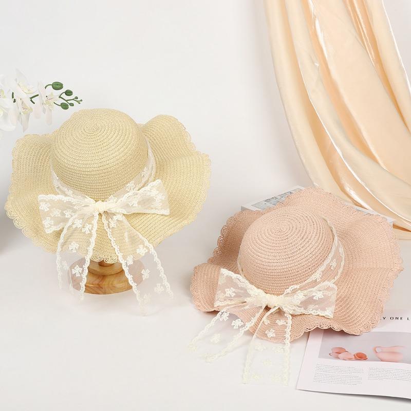 New sweet bow lace straw hat summer sunscreen sunshade outdoor big brim sun hat fashion lace streamer