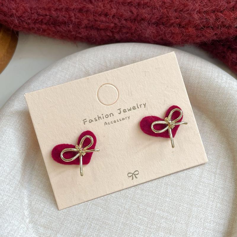 Cute Red Bow Flocking Earrings Simple Elegant Exquisite Sweet Festive Earrings Ear Studs Jewelry Accessories New Year Gifts