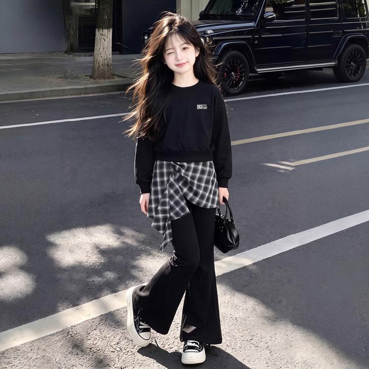 Girls' Korean Style Plaid Hoodie & Flare Pants Set - Autumn Two-Piece Outfit 2026