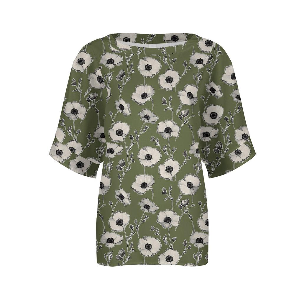 Women's Fashionable Casual Round Neck Printed Top Loose Top Printed Top Loose Top
