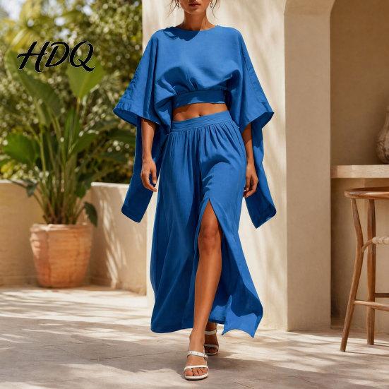 Polyester Fiber Outfit Women Summer 2 Piece Outfits Batwing Half Sleeve Crop