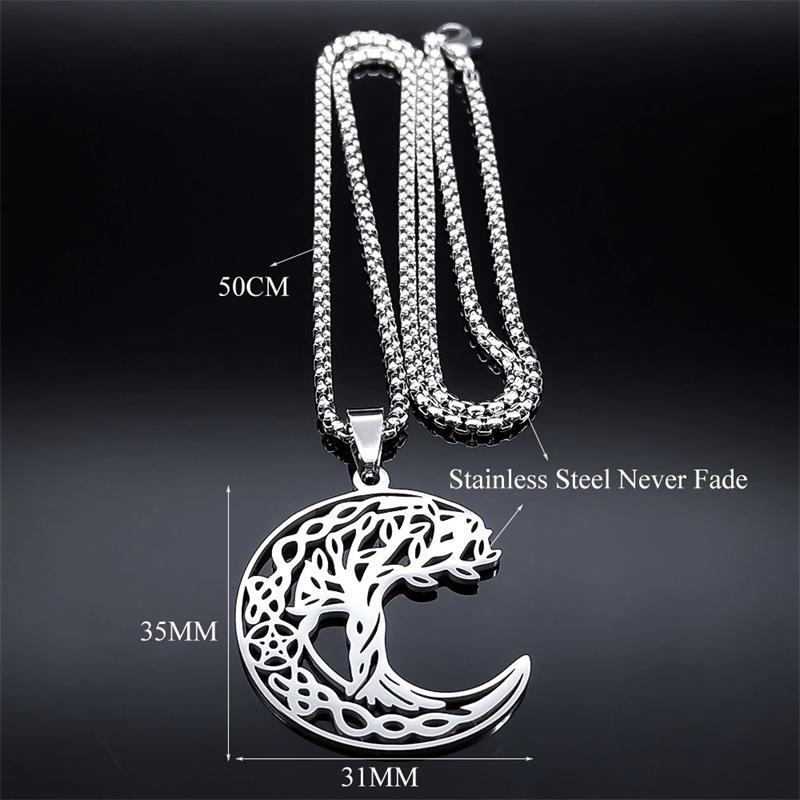 Witch Pentagram Tree Of Life Crescent Moon Necklace Stainless Steel Amulet Protection Star Goddess Necklaces Jewelry collier