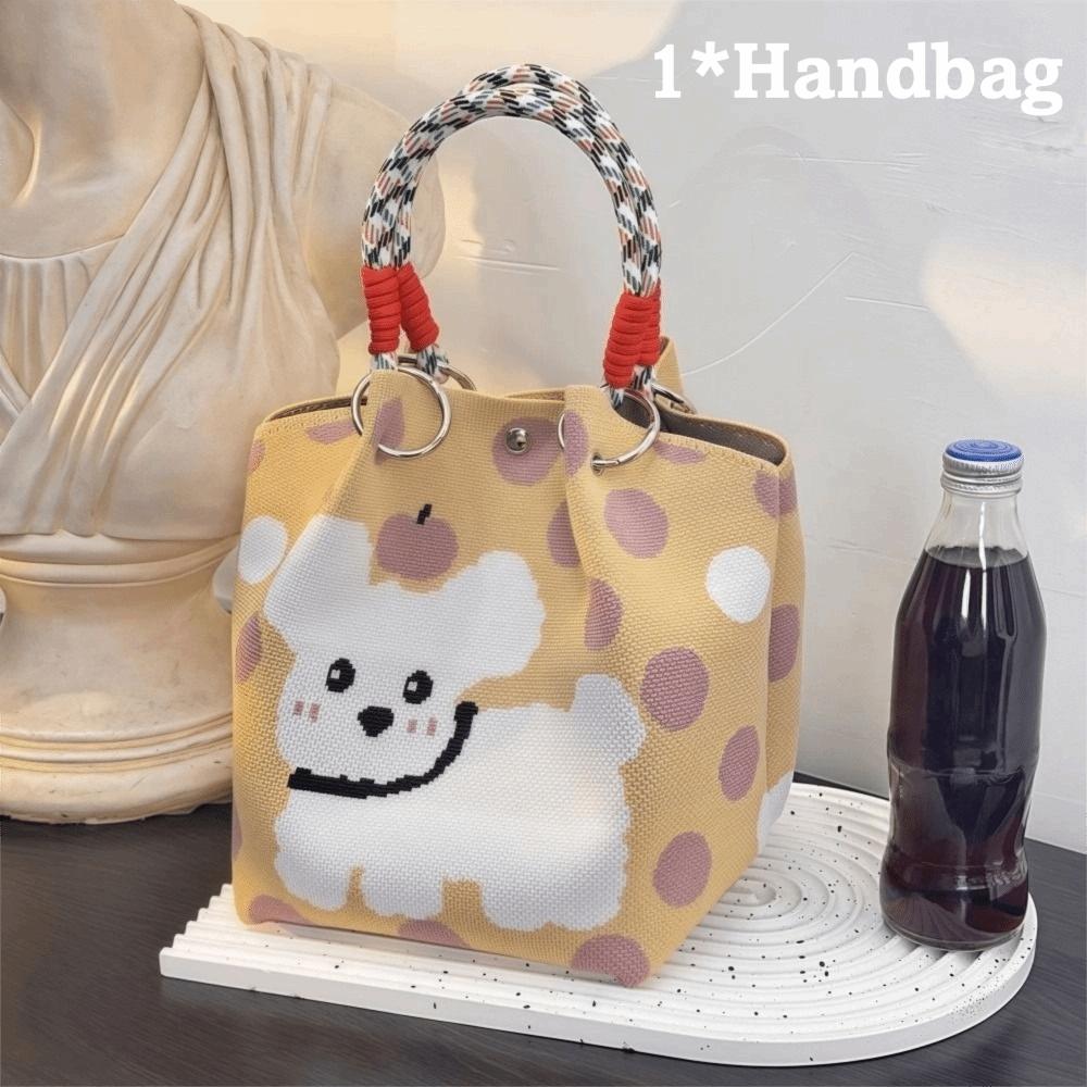 

Unique Design Handmade Knitted Handbags Large Capacity Dog Pattern Shoulder Bag Woven Ring Buckle Cartoon Dots Bucket Bag Women жёлтый