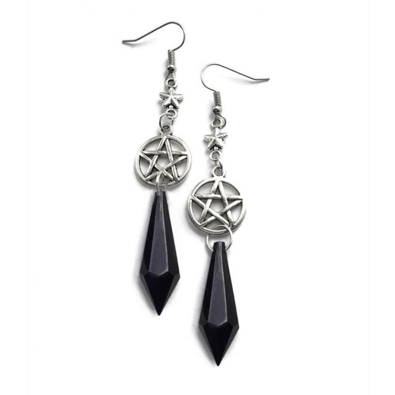 Gothic Black Teardrop Beaded Star Earrings