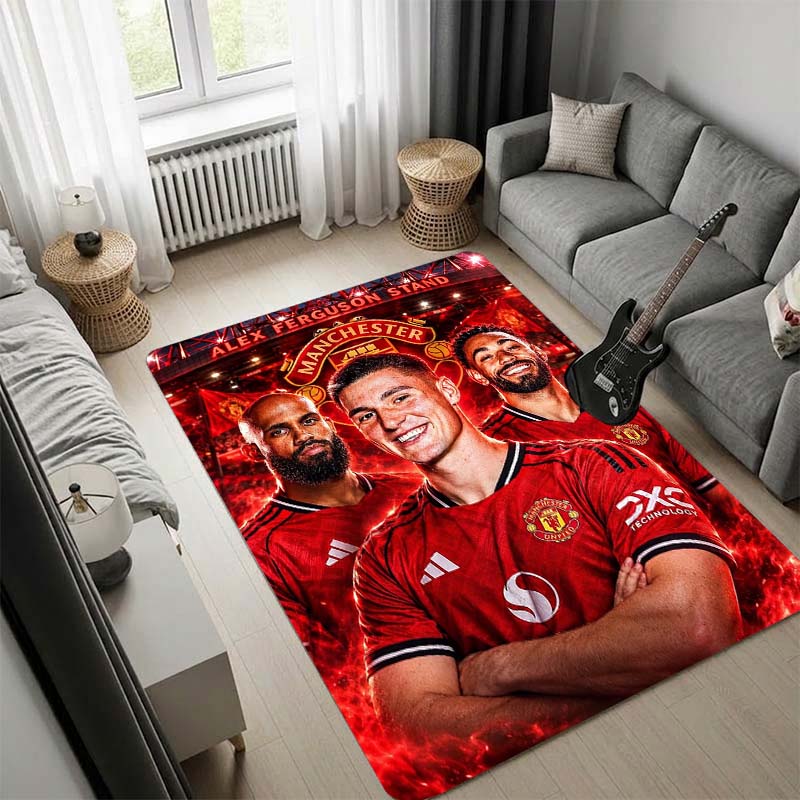 Manchester United Logo Area Rug, Red Base White Stripe Team Crest Print Non Slip Floor Rug for Football Fan Bedroom Living Room Decor