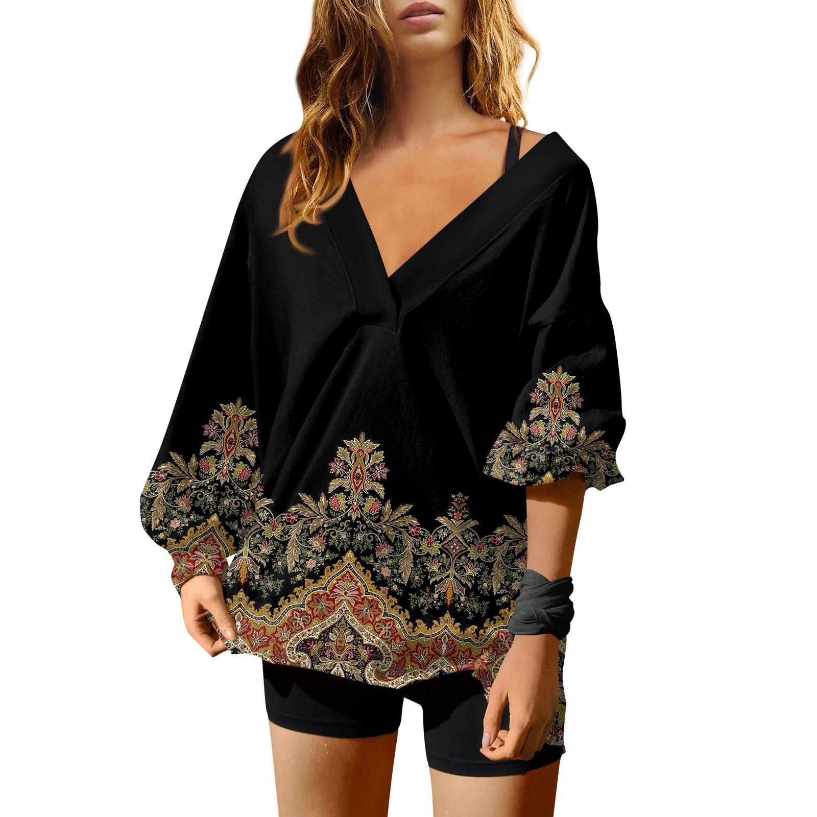 

Женская мода ретро принтованный V-образный вырез длинный рукав свободный пуловер свитшот топ XL чёрный