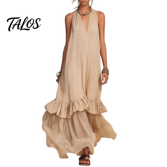 Summer Sleeveless Maxi Dress for Women, Deep V Neck Mesh Patchwork Long Dress, A-line Ruffle Flowy Beach Sundress